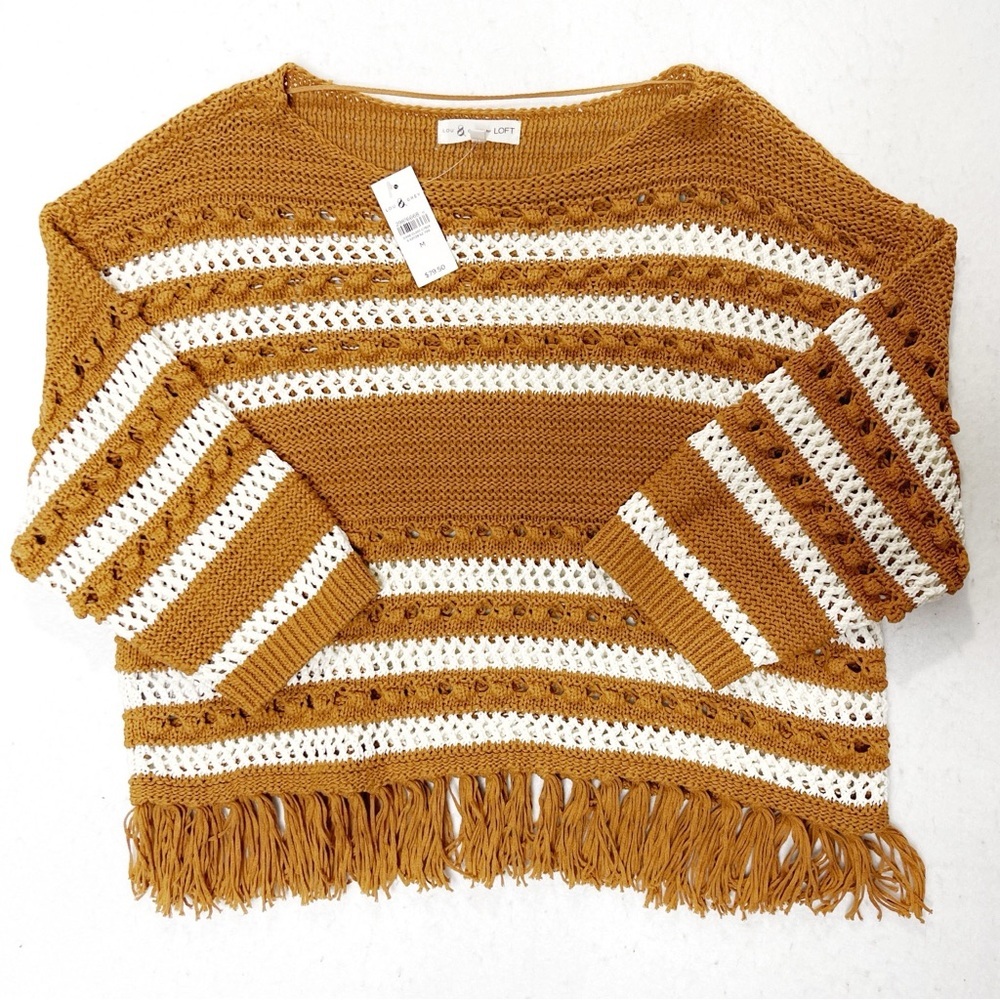 Lou & Grey X Loft Loose Knit Sweater Fringe Boho Sweater Size Medium Crochet.